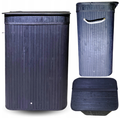UYL-80L-ČERNÁ | Černý koš na prádlo | Bambusový kontejner na hračky | Dřevěný koš na oblečení | Jednokomorový koš na prádlo do koupelny