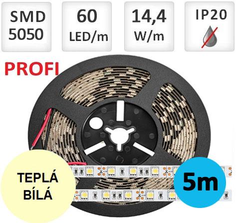 LED21 LED pásek PROFI 5m 14,4W/m 60ks/m 5050 TEPLÁ BÍLÁ