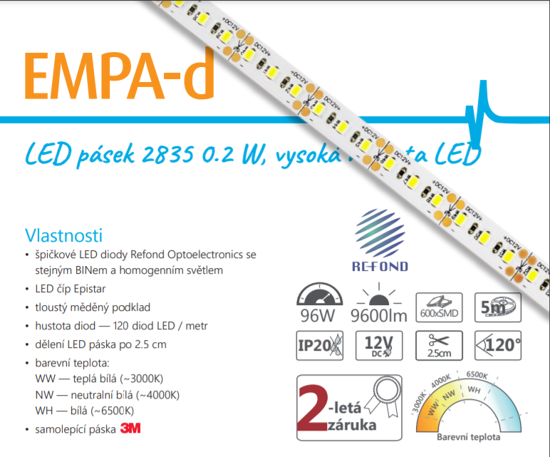 Epiled LED pásek 12V DC PROFI 5m 19,2W/m 120ks/m 2835 STUDENÁ BÍLÁ