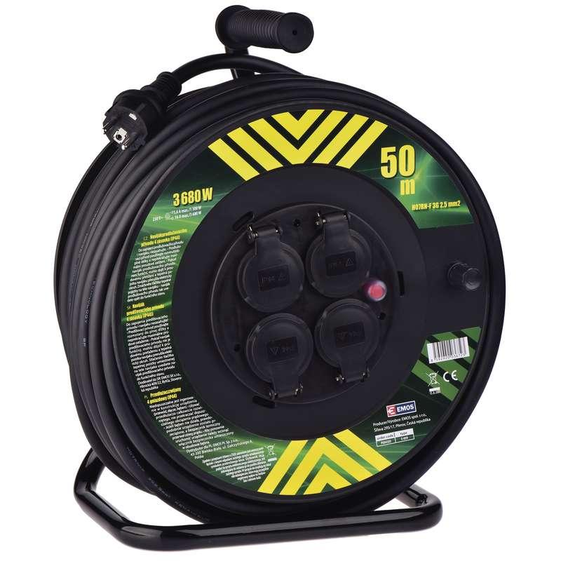 Emos Venkovní prodlužovací kabel na bubnu 50 m / 4 zás. / černý / guma-neopren / 230V / 2,5 mm2 P084503
