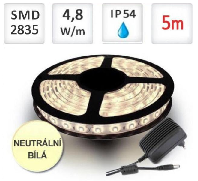 LED21 SADA LED pásek 5m 4,8W/m 60ks/m 2835 voděodolný Neutrální bílá + Zdroj
