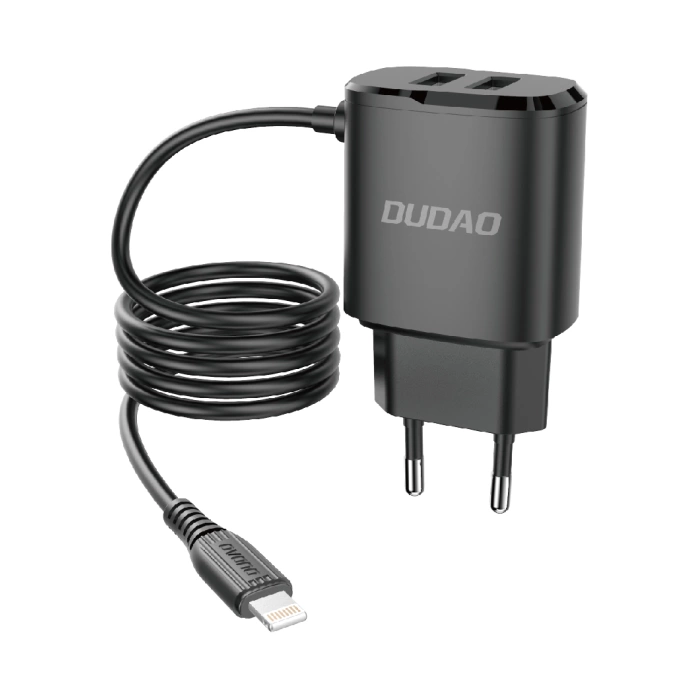 Síťová nabíječka Dudao 2x USB s integrovaným kabelem Lightning 12 W černá (A2ProL černá)