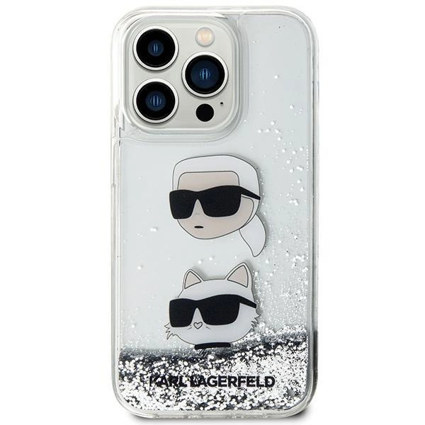 Karl Lagerfeld Liquid Glitter Karl&Choupette Heads pouzdro pro iPhone 14 Pro Max - stříbrné
