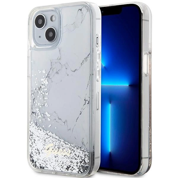 Pouzdro Guess Liquid Glitter Marble pro iPhone 14 - bílé