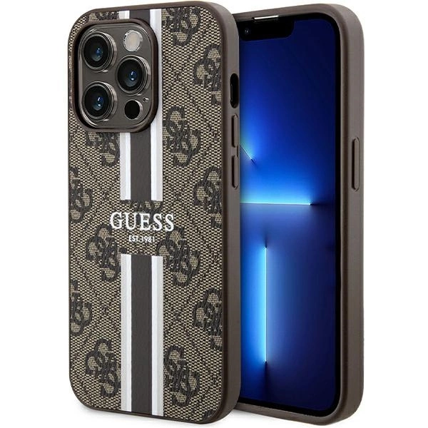 Pouzdro Guess 4G Printed Stripes MagSafe pro iPhone 15 Pro - hnědé