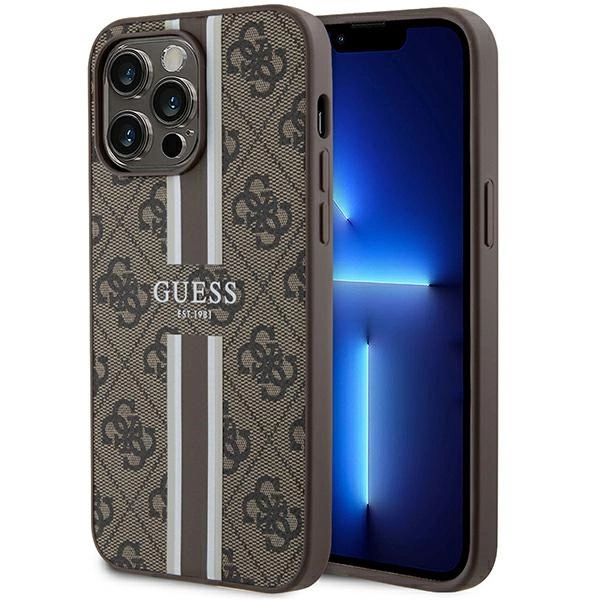 Pouzdro Guess 4G Printed Stripes MagSafe pro iPhone 15 Pro Max - hnědé