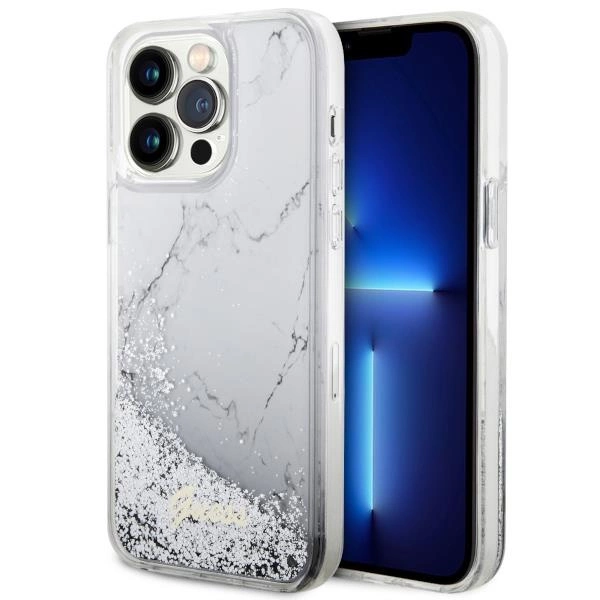 Pouzdro Guess Liquid Glitter Marble pro iPhone 14 Pro Max - bílé