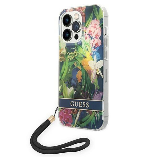 Pouzdro Guess Flower Strap pro iPhone 14 Pro - modré
