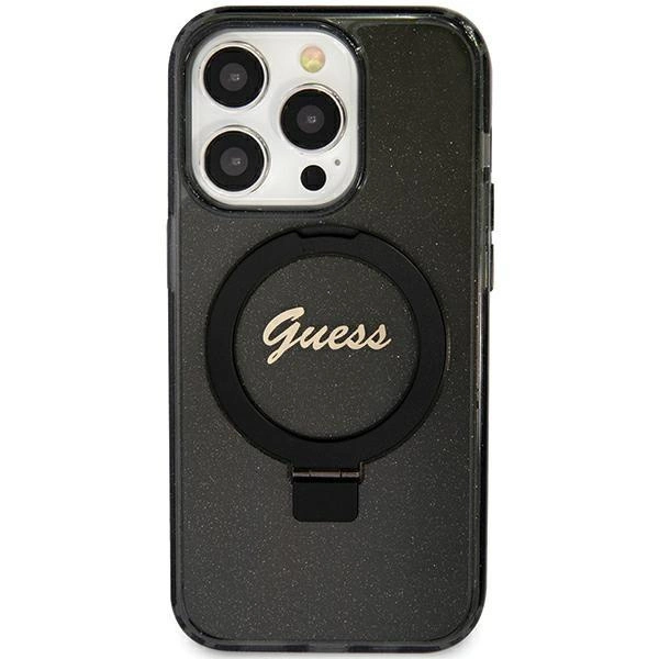 Guess Ring Stand Script Glitter MagSafe pouzdro pro iPhone 12/12 Pro - černé
