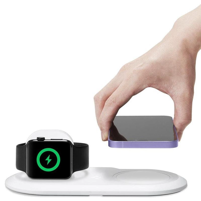 Indukční nabíječka Spigen Magfit Duo pro Apple MagSafe / Apple Watch - bílá