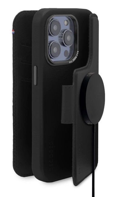 Decoded odnímatelné peněženkové pouzdro kožené pouzdro s MagSafe s klopou pro iPhone 14 Pro - černé