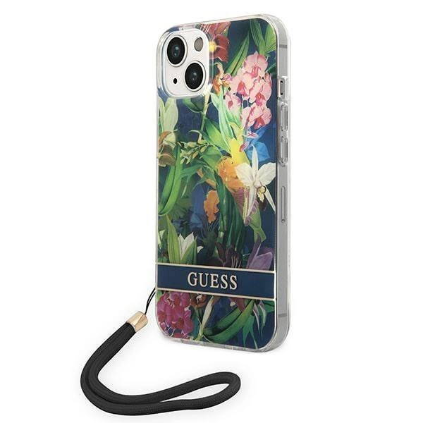 Pouzdro Guess Flower Strap pro iPhone 14 - modré