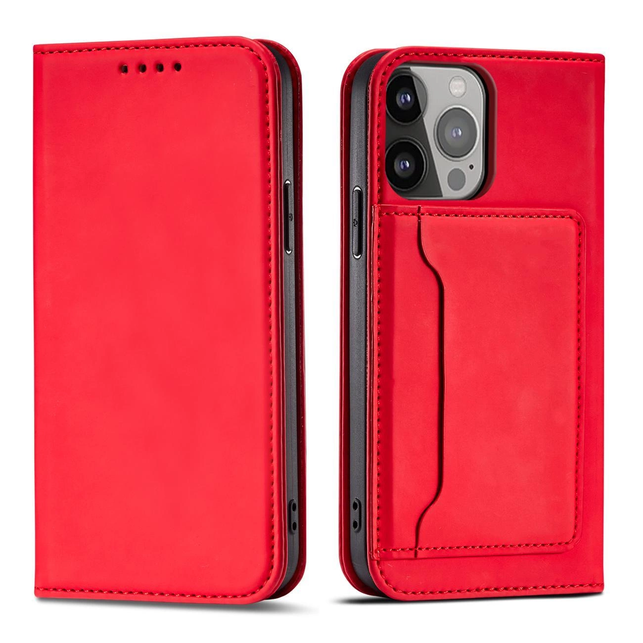 Hurtel Magnetové pouzdro na karty iPhone 14 Pro s flipovým krytem, peněženkou a stojánkem červené barvy