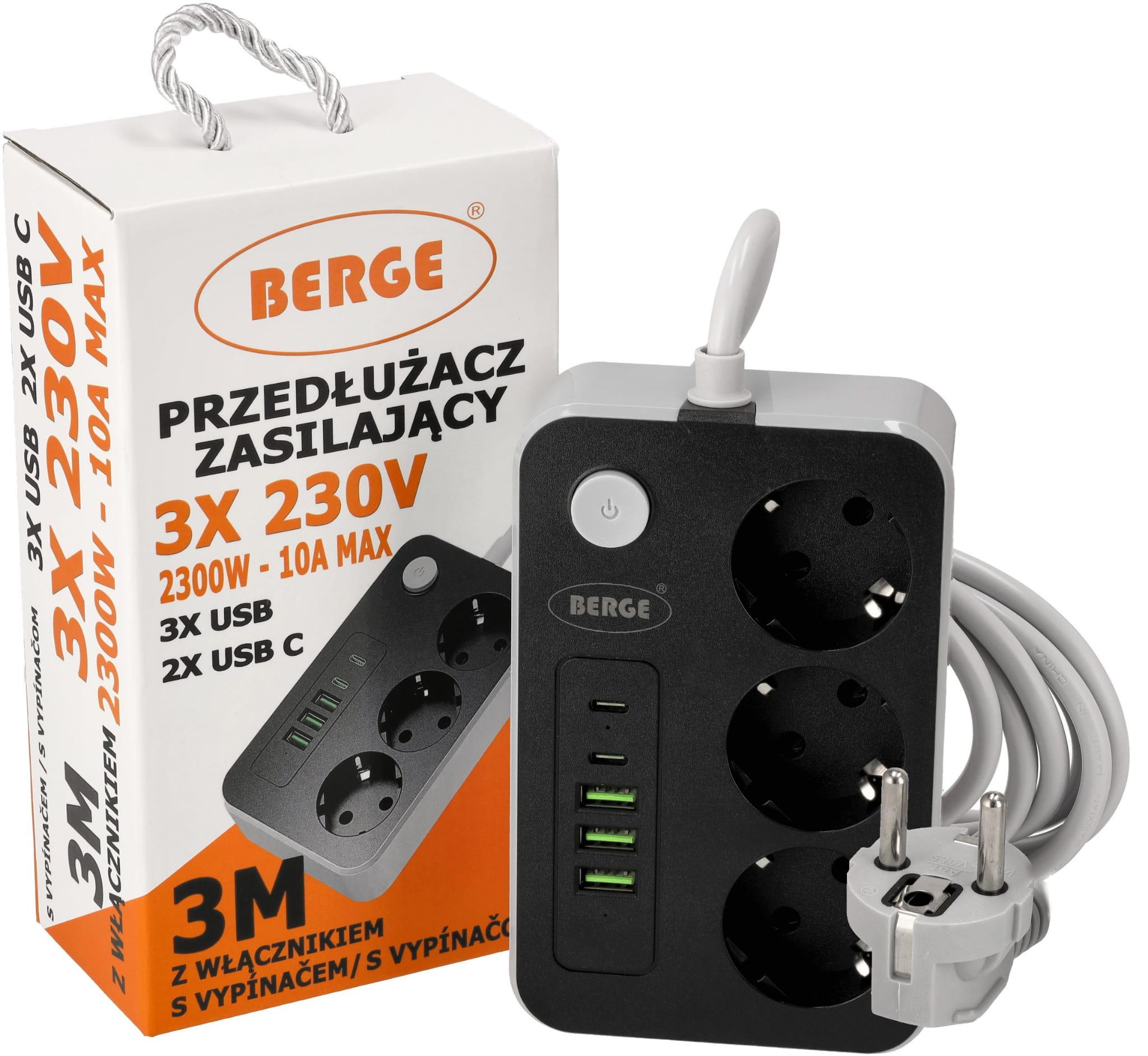 Berge Prodlužovací kabel - 3 m - 3 zásuvky + USB