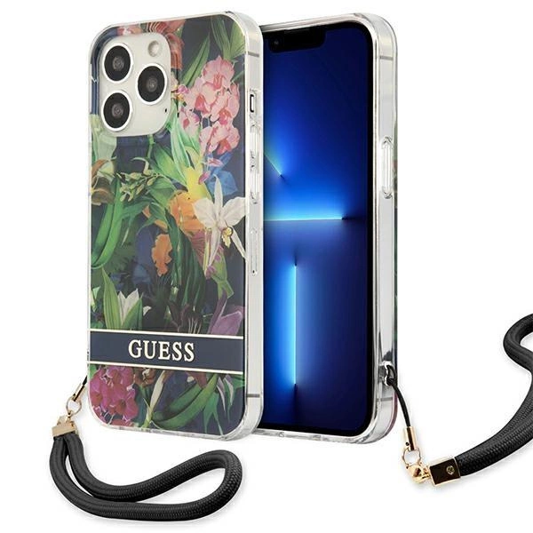 Pouzdro Guess Flower Strap pro iPhone 13 Pro Max - modré