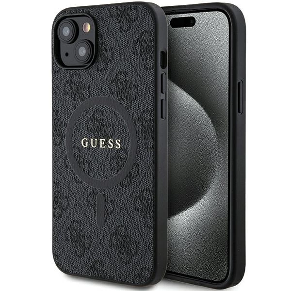 Kožené pouzdro Guess 4G Collection Metal Logo MagSafe pro iPhone 15 Plus / 14 Plus - černé