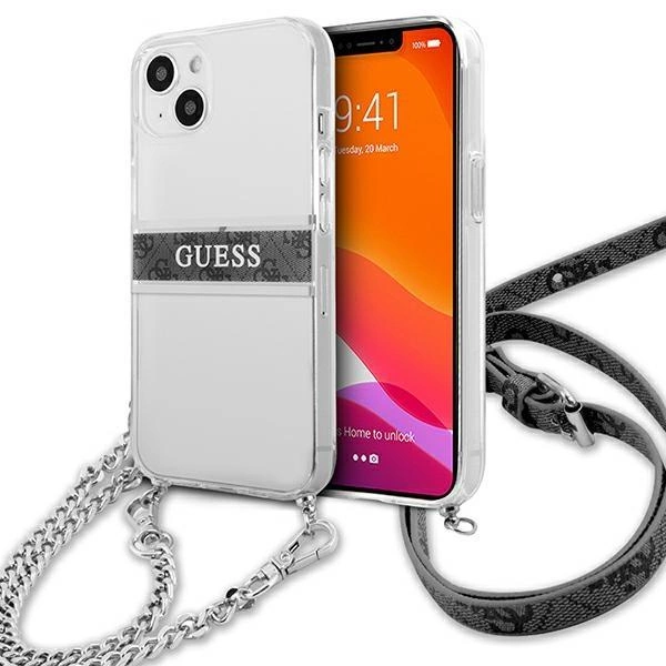 Pouzdro Guess 4G Grey Strap Silver Chain pro iPhone 13 mini - čiré