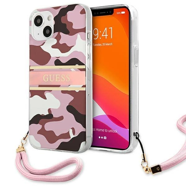 Pouzdro Guess Camo Strap Collection pro iPhone 13 mini - růžové