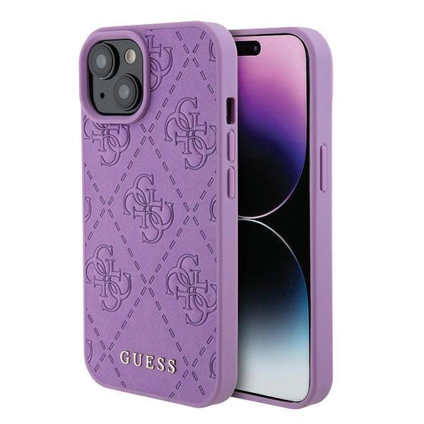 Kožené pouzdro Guess 4G s potiskem pro iPhone 15 - fialové
