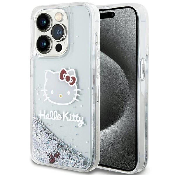 Pouzdro Hello Kitty Liquid Glitter Charms Kitty Head pro iPhone 15 Pro - stříbrné