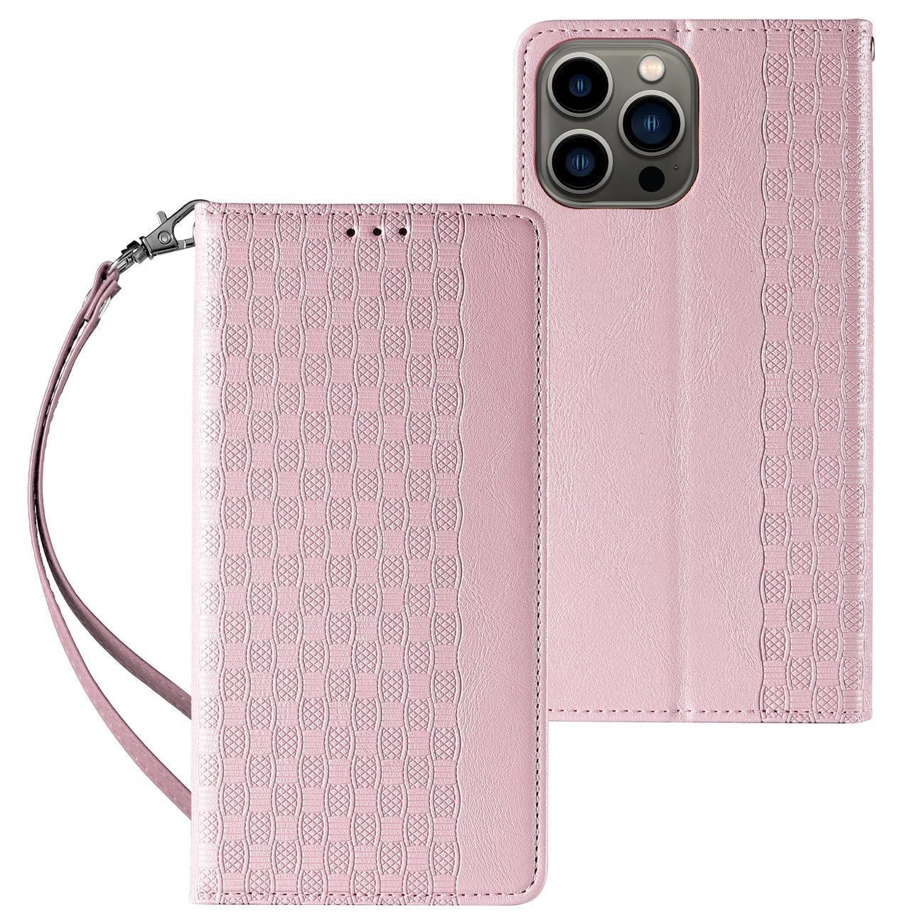 Hurtel Magnet Strap Case iPhone 14 Pro Max flip cover peněženka mini lanyard stand růžová