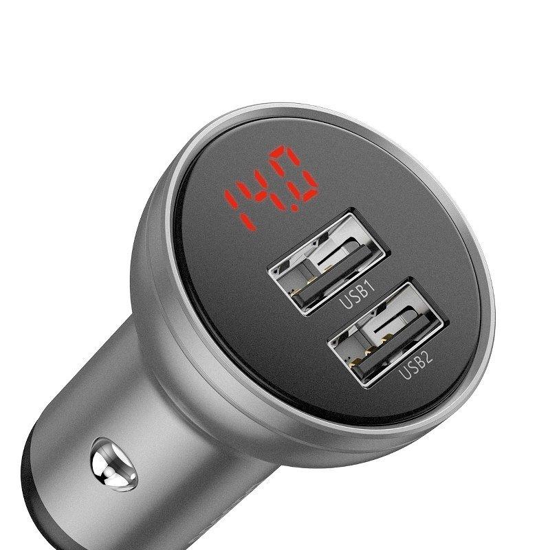 Autonabíječka Baseus s displejem, 2x USB, 4,8 A, 24 W (stříbrná)