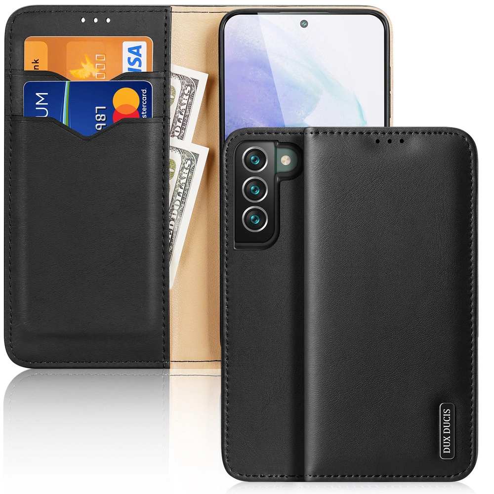 Dux Ducis Hivo kožené pouzdro s klopou z přírodní kůže na karty a doklady Samsung Galaxy S22+ (S22 Plus) černé