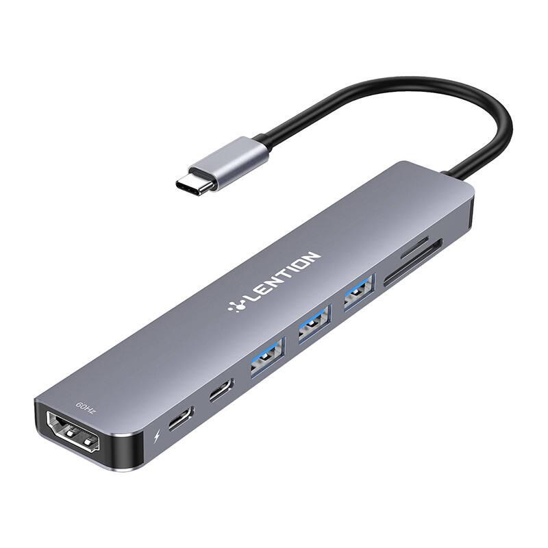 Rozbočovač 8v1 Lention USB-C na 3x USB 3.0 + SD/TF + PD + USB-C + HDMI 4K60Hz (šedý)