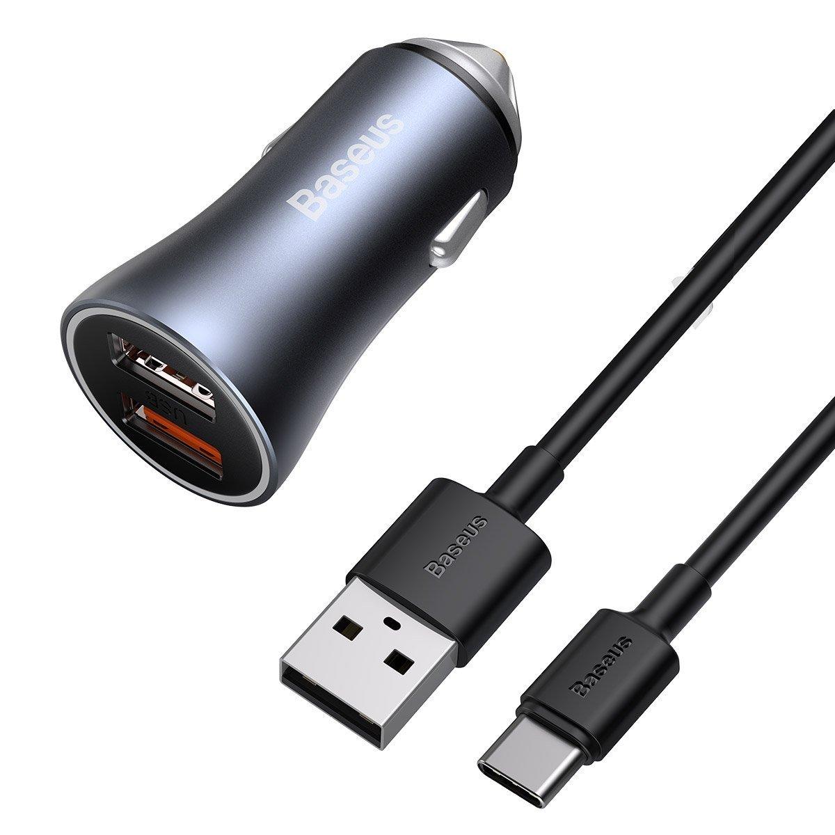 Baseus Golden Contactor Pro nabíječka do auta, 2x USB, 40W (šedá) + kabel USB-C 1m (černý)
