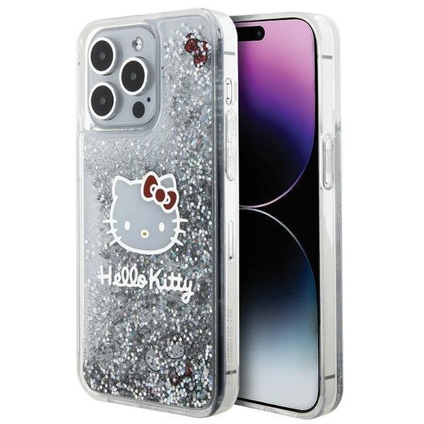Pouzdro Hello Kitty Liquid Glitter Charms Kitty Head pro iPhone 15 Pro Max - stříbrné