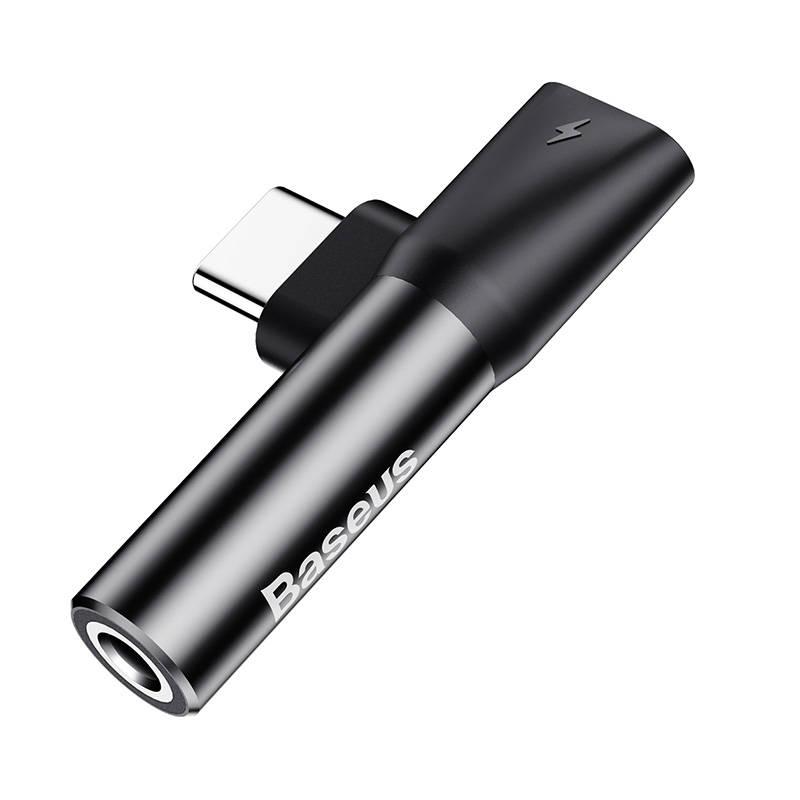 Audio adaptér Baseus USB-C na mini jack 3,5 mm + USB-C (černý)