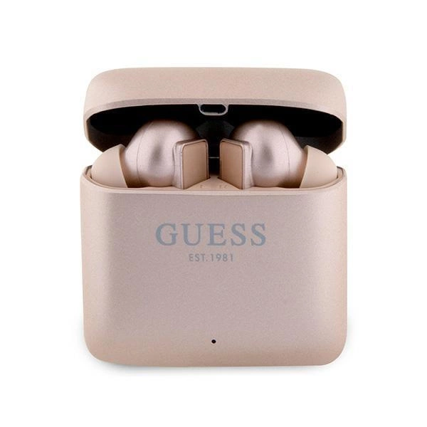 Sluchátka Bluetooth TWS s potiskem Guess + dokovací stanice - růžově zlatá