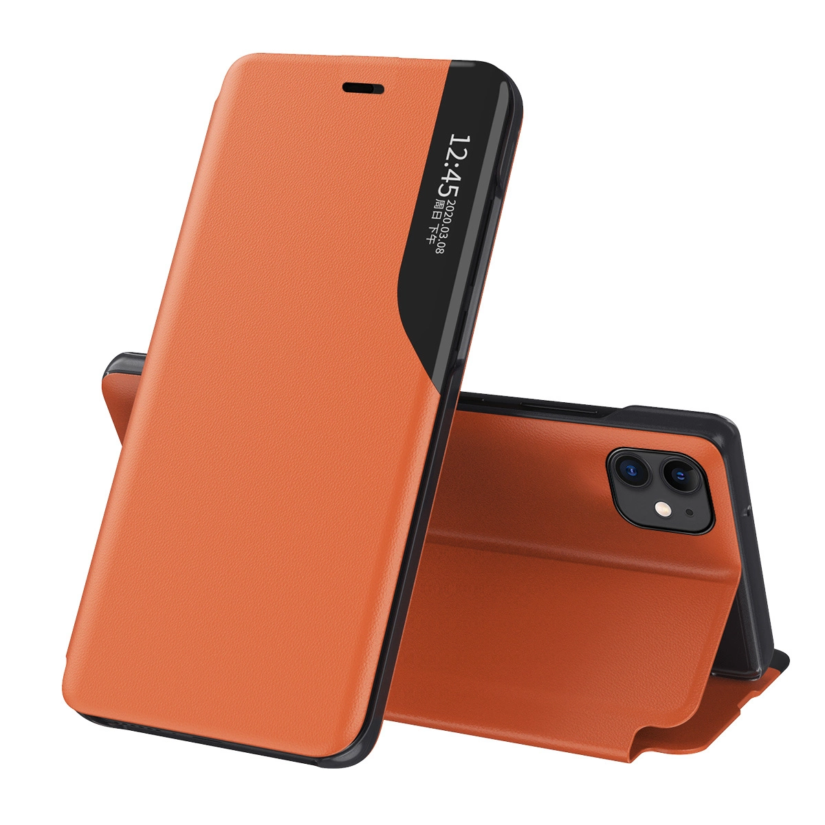 Hurtel Elegantní pouzdro Eco Leather View s flipovým krytem a funkcí stojánku iPhone 13 Pro oranžové