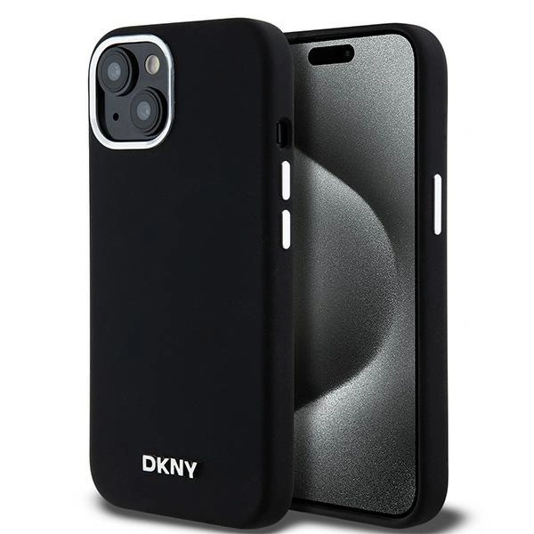 Pouzdro DKNY Liquid Silicone Small Metal Logo MagSafe pro iPhone 14 / 15 / 13 - černé