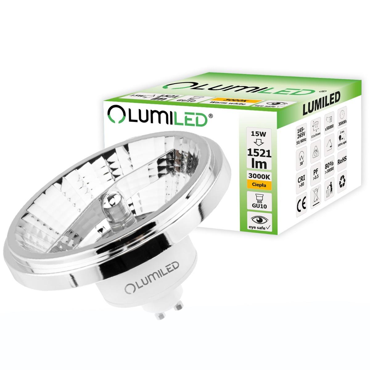 LED žárovka LED GU10 ES111 15W = 100W 1530lm 3000K Teplá bílá 38° Stříbrná LUMILED