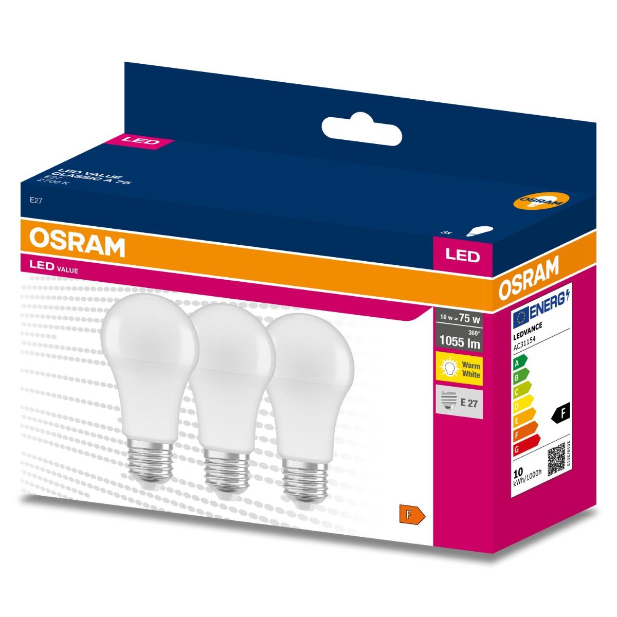 3PAK LED žárovka LED E27 A60 10W = 75W 1055lm 2700K Teplá bílá OSRAM Value OSRVALU0510