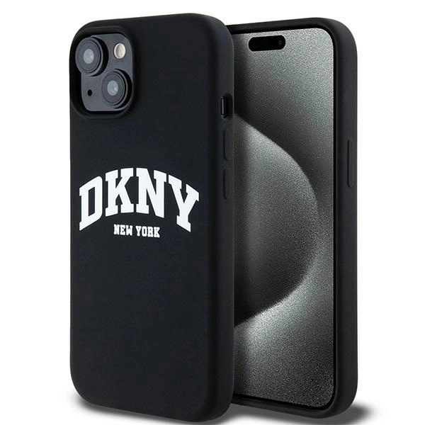 Pouzdro DKNY Liquid Silicone White Printed Logo MagSafe pro iPhone 15 Plus / 14 Plus - černé