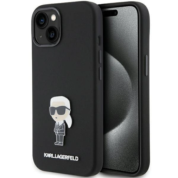 Karl Lagerfeld Silikonové pouzdro Ikonik Metal Pin pro iPhone 15 Plus / 14 Plus - černé
