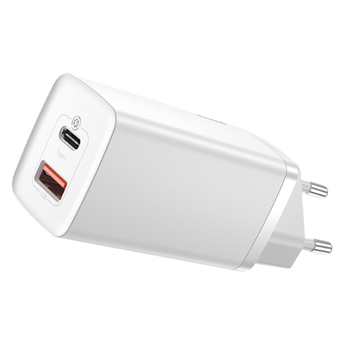 Síťová nabíječka Baseus GaN2 Lite, USB + USB-C, 65W, EU (bílá)
