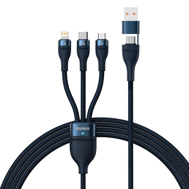 Kabel USB 3 v 1 Baseus Flash Series 2, USB-C + micro USB + Lightning, 100 W, 1,2 m (modrý)
