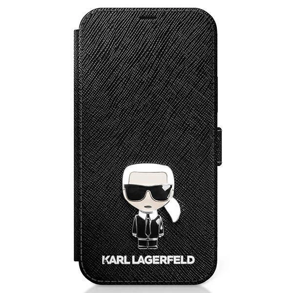Pouzdro Karl Lagerfeld Saffiano Ikonik Metal pro iPhone 12 mini - černé