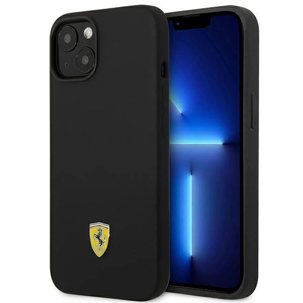 Silikonové pouzdro s kovovým logem Ferrari pro iPhone 14 - černé