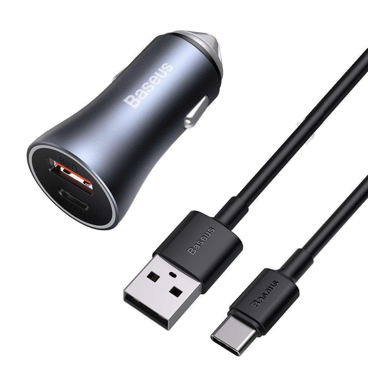Baseus Golden Contactor Pro nabíječka do auta, USB + USB-C, QC4.0+, PD, SCP, 40W (šedá) + kabel USB-C 1m (černý)