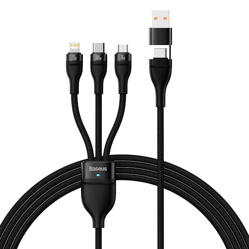 Kabel USB 3 v 1 Baseus Flash Series 2, USB-C + micro USB + Lightning, 100 W, 1,2 m (černý)