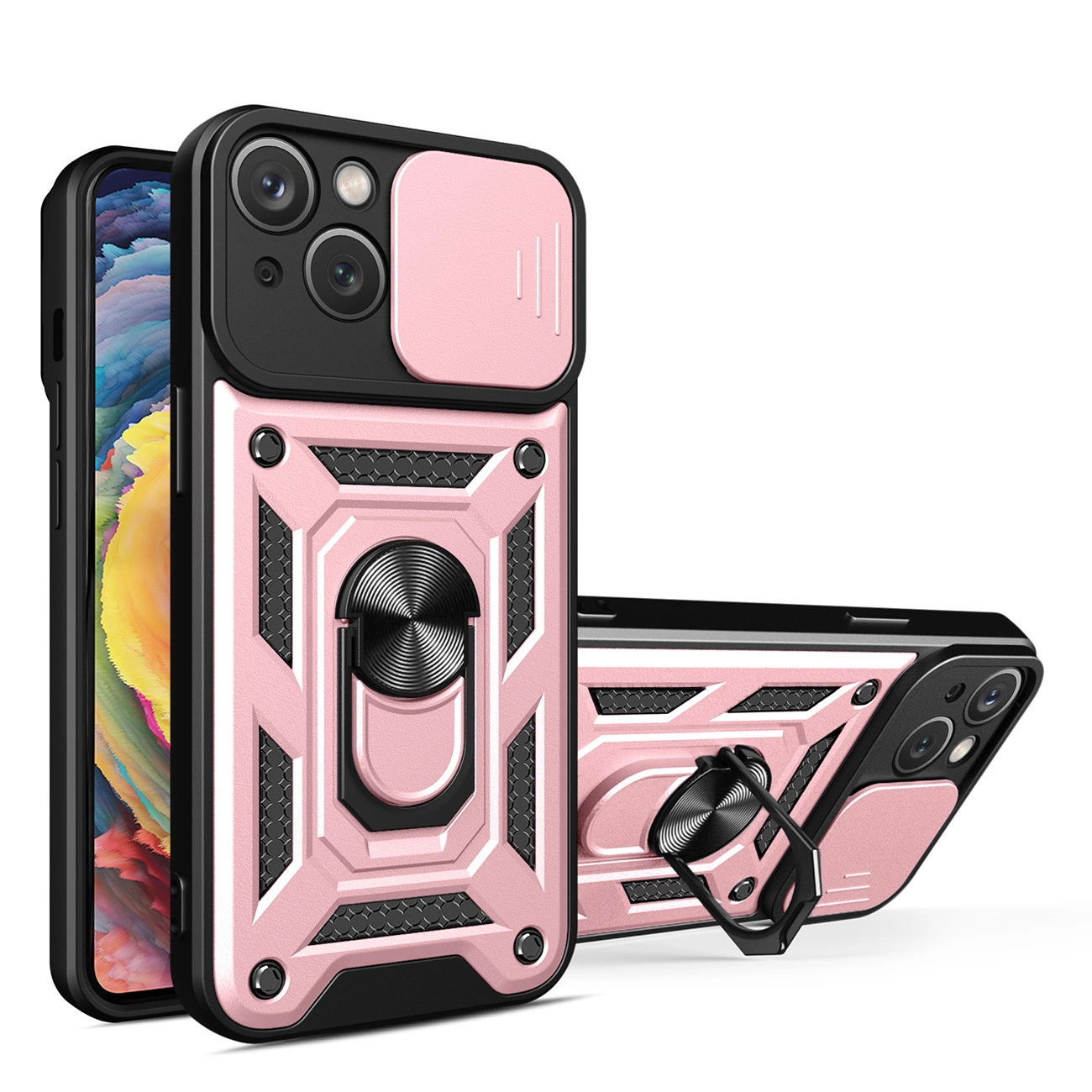 Hurtel Hybrid Armor Camshield iPhone 14 pancéřové pouzdro s krytem fotoaparátu růžové
