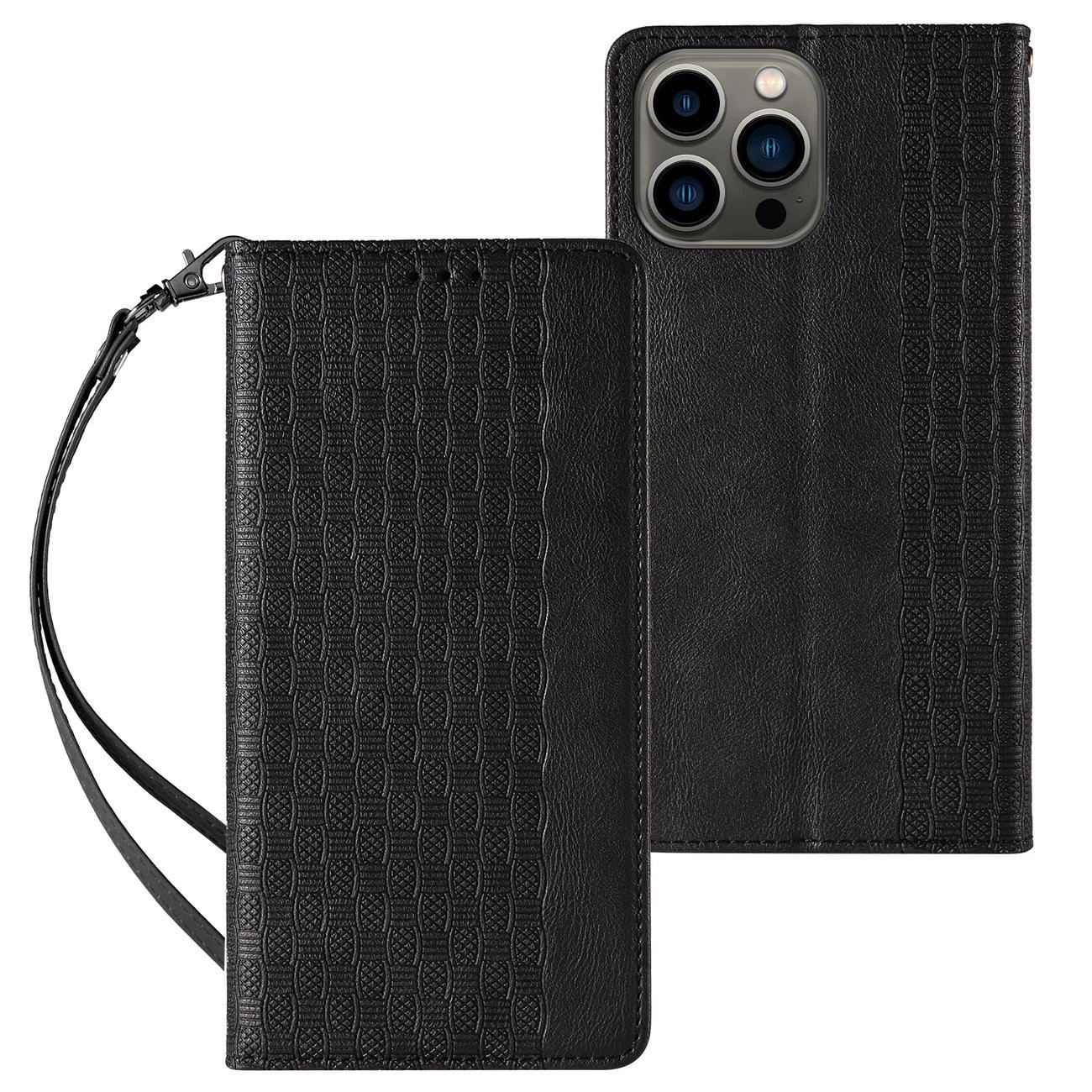 Hurtel Pouzdro s magnetickým popruhem pro iPhone 12 Pro Max peněženkové pouzdro + mini šňůrka na krk černá
