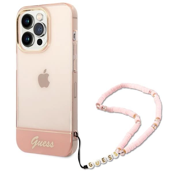 Průsvitné pouzdro Guess Pearl Strap pro iPhone 14 Pro - růžové