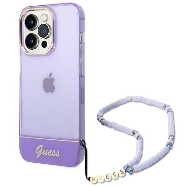 Průsvitné pouzdro Guess Pearl Strap pro iPhone 14 Pro - fialové