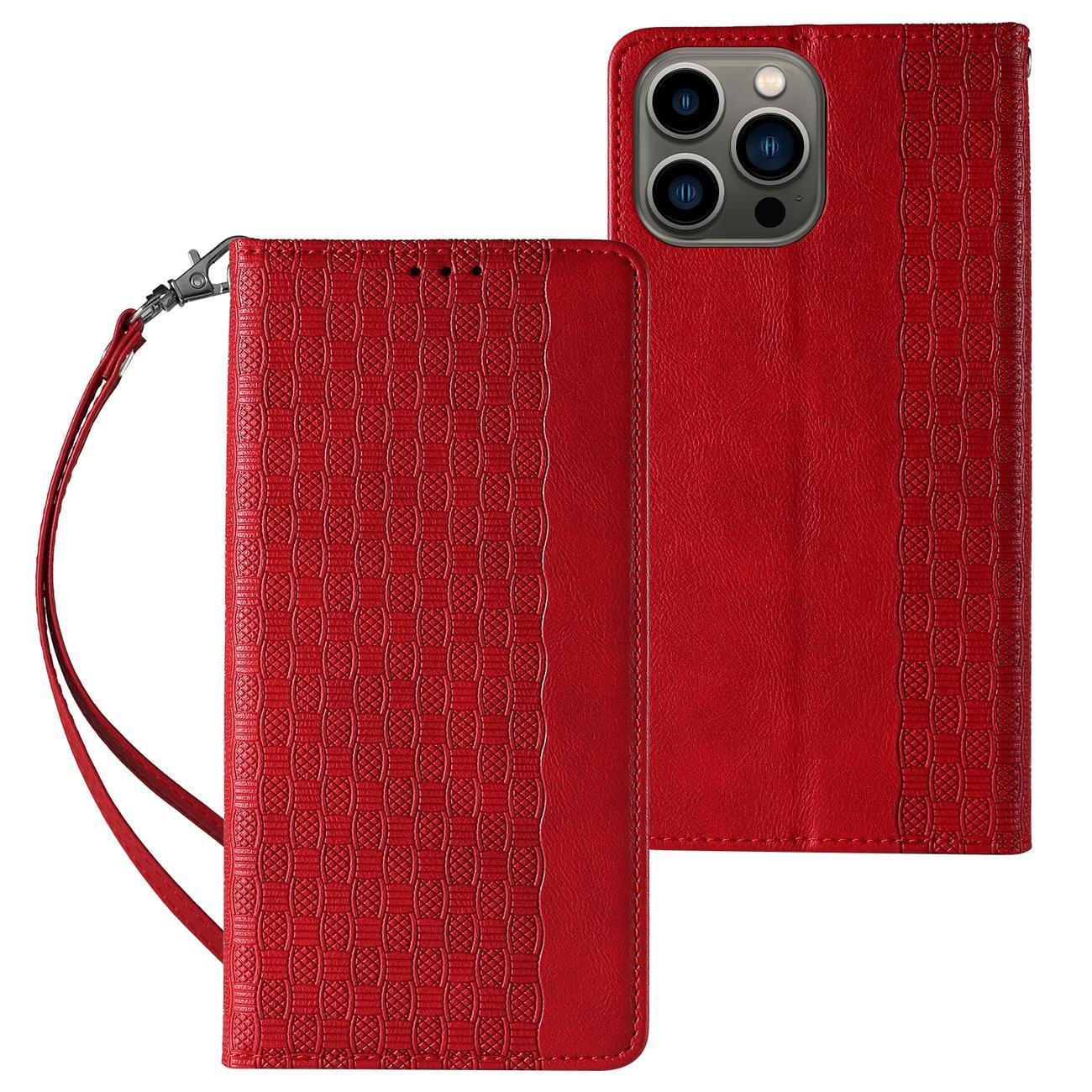 Hurtel Pouzdro s magnetickým popruhem pro iPhone 12 Pro Max peněženkové pouzdro + přívěsek na šňůrku červené barvy