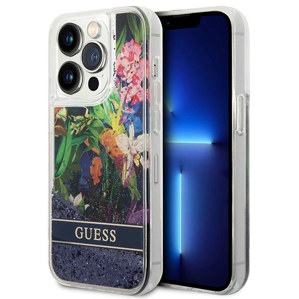 Pouzdro Guess Flower Liquid Glitter pro iPhone 14 Pro - modré